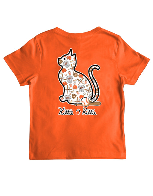 BASEBALL KITTIE, ORANGE AND BLACK, YOUTH SS (PRINTED TO ORDER)